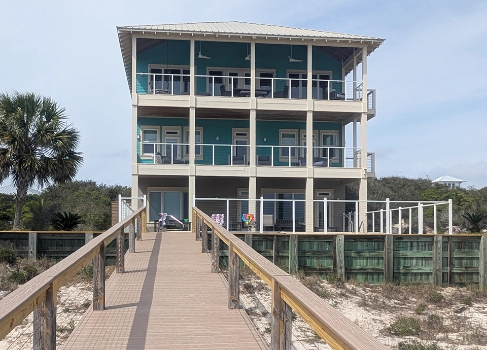 Handrails on multistory complex and surrounding pool