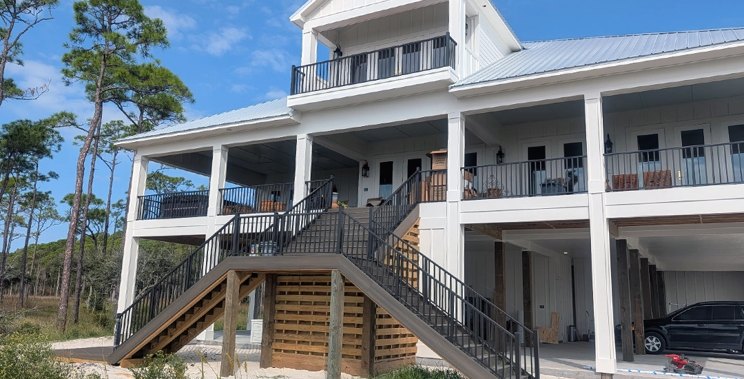 Iron railing and stairwell on two story home