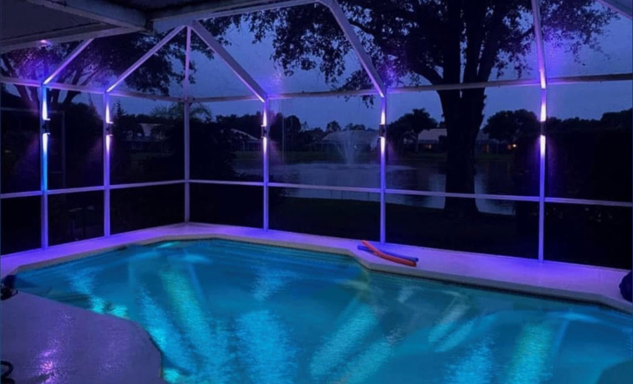 Pool enclosure at night